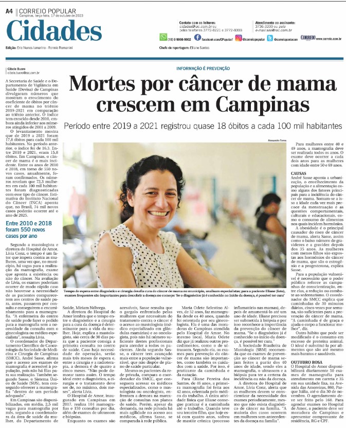 Mortes por câncer de mama crescem em Campinas – Correio Popular